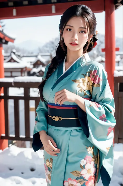 japanese shinto shrines in snowy landscapes, early morning of new year's day, (a beautiful japanese girl in a long-sleeved kimon...