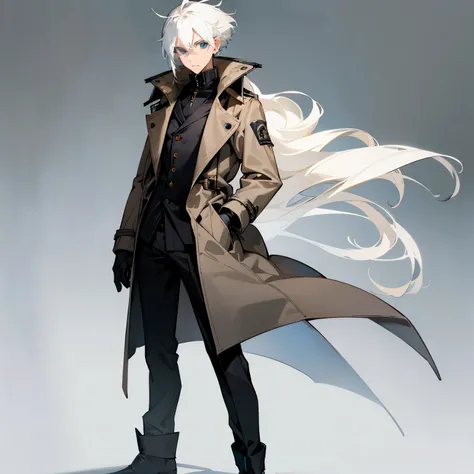 possesses long, spiky white hair with gray tips. He wears a light tan trench coat with the collar up, a black sweater, black cropped gloves, a pair of slim dark gray chinos, and dark brown chelsea ankle boots. He also has gray-blue eyes.