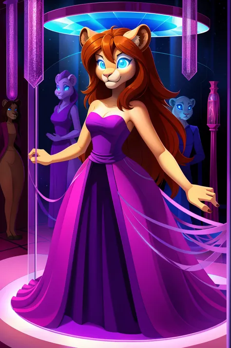 1girl, housewife, lioness anthro, brown hair, blue eyes, glowing eyes, purple dress, glass case, mind-controlled, hypnotized, hollow eyes, 3D Disney style, full body