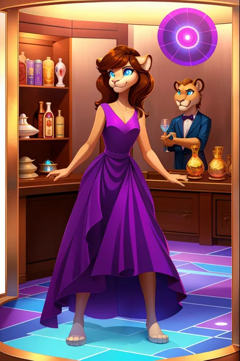 1girl, housewife, lioness anthro, brown hair, blue eyes, glowing eyes, purple dress, glass case, mind-controlled, hypnotized, hollow eyes, 3D Disney style, full body