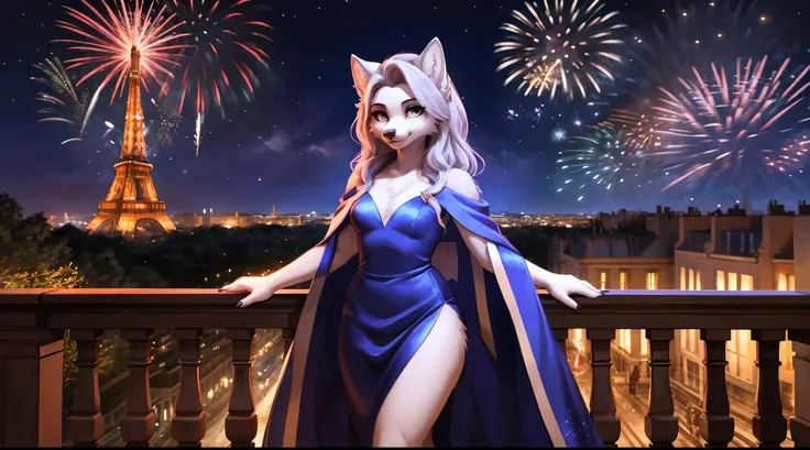 Loona, ice queen, near the railing, mansion, full body, anthro, wolf, e621, Furbooru, light gray eyes, piercing and beautiful eyes, detailed and beautiful face, long white wavy hair, tall, slightly muscular, long blue dress, long dress cape, New Year, fire...