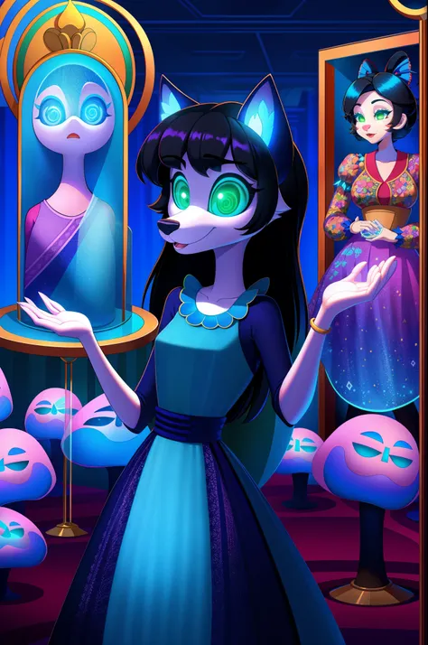 1girl, housewife, wolf anthro, black hair, green eyes, glowing eyes, blue dress, glass case, mind-controlled, hypnotized, attention, hollow eyes, 3D Disney style, full body