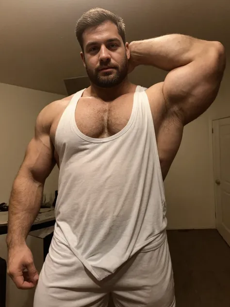 Hot hunky uncle with huge arms and pecs, , hairy, macho, ugly, wearing a white tank top:1.4, relaxing at home, hot photo, erotic photo