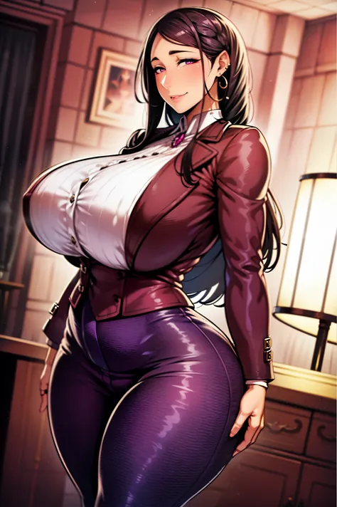 Best quality, solo mature woman, giant breasts, giant ass, very curvy, waterfall braid brunette, magenta eyes eyes, full lips, seductive, smiling, tight long slevee shirt, tweed pants, wool coat, dangly earring, thick thighs, curvy physique