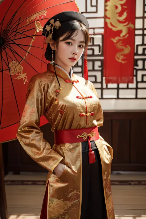 catss, hands in a pocket, TRADITIONAL CHINESE COSTUMES, Dragon, dragon pattern hat, Chinese elements, Traditional pattern, ancient buildings, festive atmosphere, Chinese traditional cultural atmosphere，(Best quality at best, tmasterpiece:1.2)；an anthropomo...