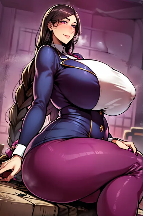 Best quality, solo mature woman, giant breasts, giant ass, very curvy, waterfall braid brunette, magenta eyes eyes, full lips, seductive, smiling, tight long slevee shirt, tweed pants, wool coat, dangly earring, thick thighs, curvy physique