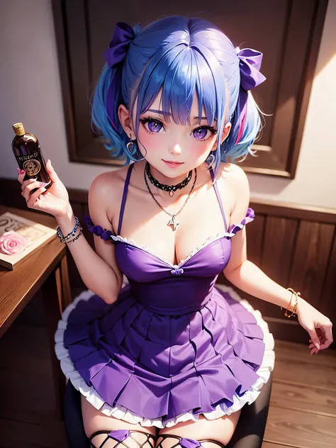 1girl, bangs, blue hair, bow, box, bracelet, new year party, cowboy shot, dress, earrings, fishnets, jewelry, looking at viewer, multicolored hair, necklace, pantyhose, parted lips, purple eyes, red dress, ribbon, rose, short hair, smile, solo, thighhighs,...