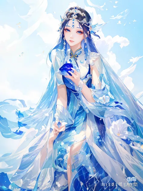 A woman in a blue dress sits on a rock, EtherealBeauty, beautiful fantasy empress, Queen of the Sea Mu Yanling, ((beautiful fantasy empress)), xianxia fantasy, Ethereal fantasy, full body xianxia, white hanfu, extremely beautiful and ethereal, Amazing youn...