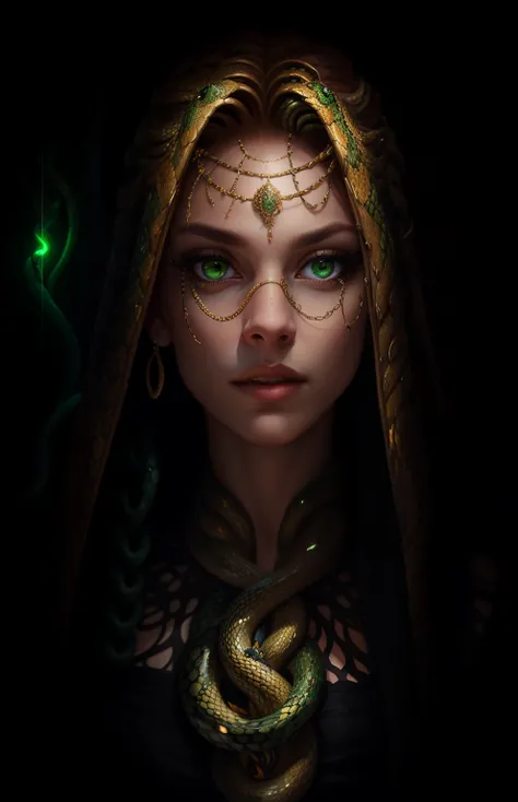 ((best quality)), ((masterpiece)), ((realistic)), Medusa, full body, the hair is composed of countless small snakes, green eyes, female face, metal carved top, royal aura, trend on artstation , sharp focus, studio photo, intricate detail, very detailed, de...