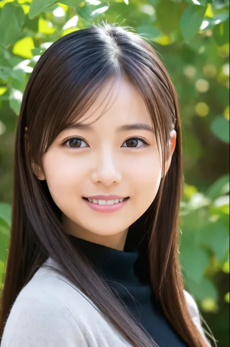 Slender Japanese woman looking at the camera、cute face、A slight smil、Black turtleneck sweater、Green tree on background々or bushes、hight resolution、high-definition picture
