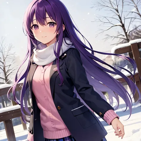 Yuuki Konno, long hair, purple hair, w8nter clothes, skirt, cute, snowy landscape