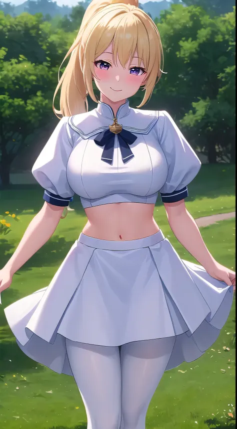 (best quality:1.5, highres, UHD, 4K, detailed lighting, shaders, HDR), blonde ponytail, large breasts, white princess dress, crop top, skirt, white pantyhose, smiling, blushing:1.3, close shot, standing, nature background