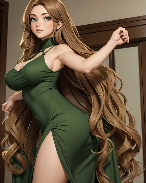 Only a girl with long curly light brown hair. Large, almond-shaped eyes, intense green. Slim and elegant figure. She was wearing a green elegant long dress, Big boobs, big ass, nsfw