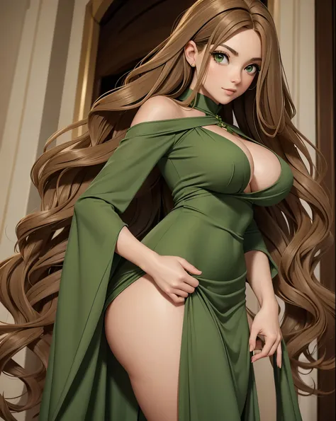 Only a girl with long curly light brown hair. Large, almond-shaped eyes, intense green. Slim and elegant figure. She was wearing a green elegant long dress, Big boobs, big ass, nsfw