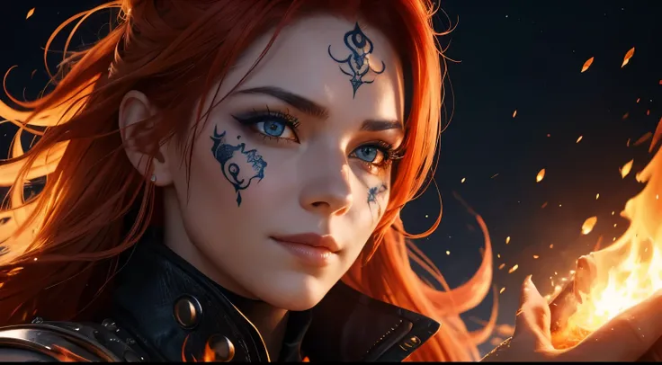 (headshot) (best quality) (high detail) womans face with eyes of fire and ice and fiery hair flowing in front of her face, Cinders and ice crystals swirling in the air, fire embers around her, (pyro) fire tattoos, flame tattoos, tattoos, smirk, fiery smoke...