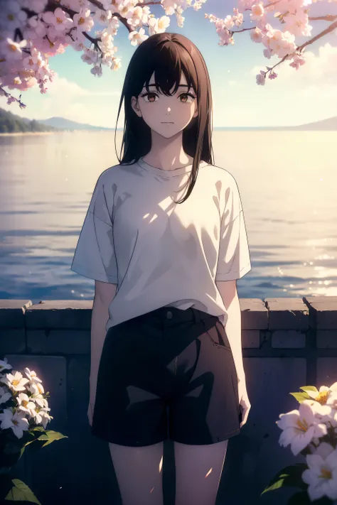 ((((Obra maestra, La mejor calidad, ultrahigh resolution)))), 1girl, standing, (baggy white t-shirt, loose fitting blue shorts, back hair, dark black hair over eye)), long hair cut, pale skin, ((brown eyes)), glowing_eyes, neon eyes, (ultra detailed eyes:0...