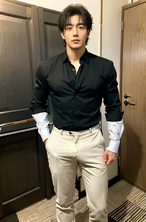 1 handsome Japanese guy，29years old，Professional manager，office room，Elite sense，Wear a shirt and a black suit，Tall，musculous，hairy bodies（thin eyes 1：3），Full body photo