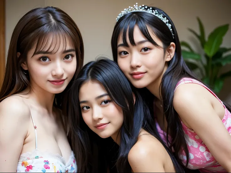 BEST-QUALITY, MASTERPIECE, ULTRA-HIGH-RESOLUTION, (PHOTOREALISTIC:1.4), RAW-PHOTO, ULTRA DETAILED, PERFECT-ANATOMYS, 3girls, all 16-years-old, all the most popular Japanese idols, all having a lot of fun at home drinking party, all laughing out loud, all e...