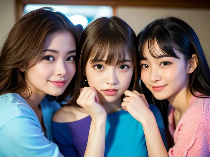 BEST-QUALITY, MASTERPIECE, ULTRA-HIGH-RESOLUTION, (PHOTOREALISTIC:1.4), RAW-PHOTO, ULTRA DETAILED, PERFECT-ANATOMYS, 3girls, all 16-years-old, all the most popular Japanese idols, all having a lot of fun at home drinking party, all laughing out loud, all e...