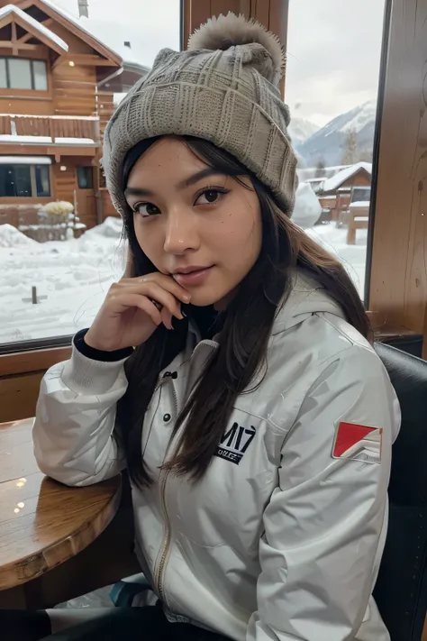 picture of a 24-year-old stunning Asian woman with brown eyes sitting inside a ski cabin eating food and having a drink, she is wearing a ski uniform and a winter hat, you can see the skis next to her, in the background yo can see the ski slopes through th...