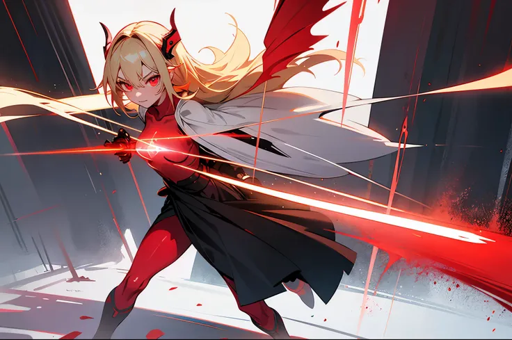 teens girl，Forest of Horrors，Dark Department，incredulouuturistic，Blonde hair，Clavicle hair，Blood-red eyes，glowing light eyes，glowing light eyes，glowing light eyes，Vampireat winglack-red armor，Full body photo，Red cape，black headgear，Shogun，dingdall effect，D...