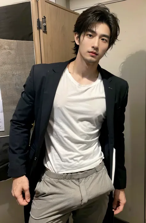 1 handsome Japanese guy，30 age old，Professional manager，Office room，Elite sense，Wear shirt and black suit，Tall，Muscular，hairy bodies（thin eyes 1：3），fully body photo