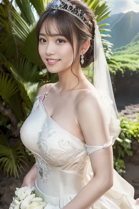 (Best Quality, masutepiece:1.2), (Realistic:1.3), (hyper detailed background, Detailed background), Bokeh,Shooting from the side,  ((medium breasts)), [[Valley]],(Princess Line Wedding Dresses:1.3),(((One-shoulder:1.3))), Bridal tiara, Bridal Veil, bridal ...