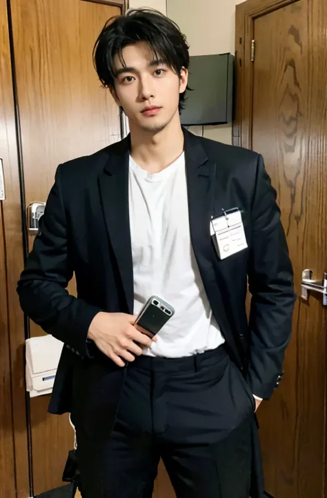 1 handsome Japanese guy，31 years old，Professional manager，Office room，Elite sense，Wear shirt and black suit，Tall，Muscular，hairy bodies（thin eyes 1：3），fully body photo