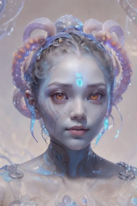 Portrait, (beautiful female alien:1.2),  (she has red eyes with no pupils:1.8), (Translucent skin:1.7),  (There is a female genital-like organ in the middle of the forehead:1.9), (The most beautiful face in the history of the universe:1.2),an evil gaze tha...