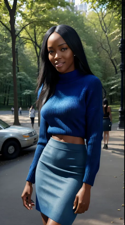 Foto hiperrealista en primer plano de Naomi Campbell, masterpiece, best quality, (photorealistic:1.4), (blue sweater:1.2) and (blue blue  midi midi pencil skirt:1.2), bare legs, New York Central Park,  cinematic light, beautiful woman, skinny, medium breas...