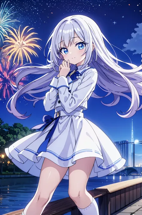 A 16 years anime girl, White straight butt length hair, blue round eyes, white and thin eyelash, small smile, happy expression, pale skin, white uniform, ankle-length black skirt, normal legs, brown loafers shoes, B-sized chest, backing viewers, night sky,...