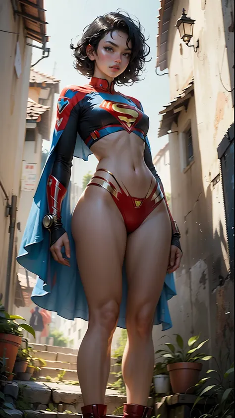 Beauty with short black hair defines her body and looks like a superwoman