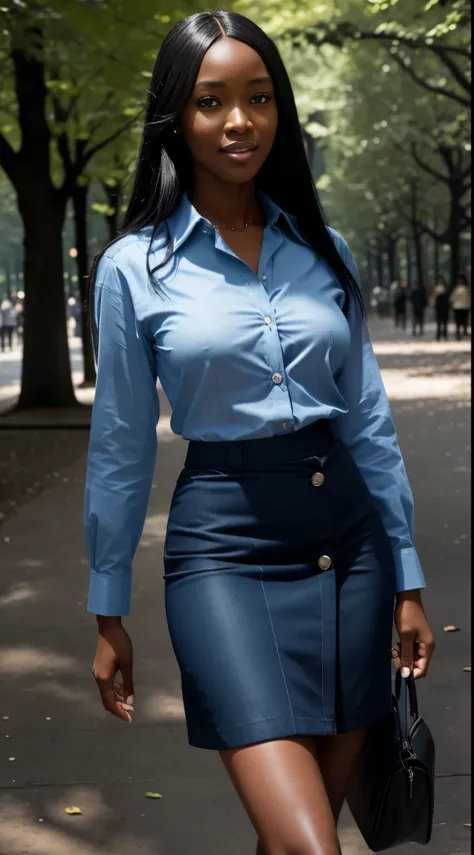 Foto hiperrealista en primer plano de Naomi Campbell, masterpiece, best quality, (photorealistic:1.4), (blue casual button up long shirt:1.2) (and (blue midi midi pencil cotton skirt:1.2), bare legs, New York Central Park, cinematic light, beautiful woman,...