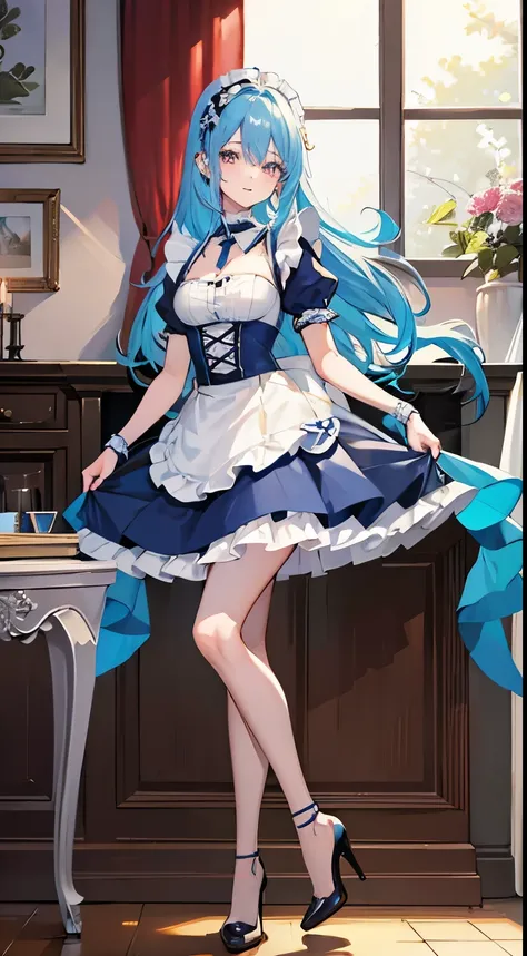 blue hairs，maid，Full body illumination，23years old，height of 165cm，ear nipple ring，Highlight sexy，Obscenity exposed，high-heels，leaning on a table，long， hair straight，pleatedskirt