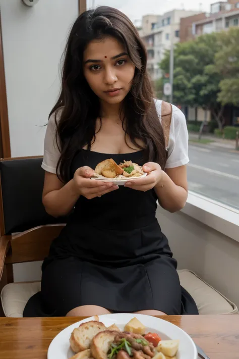 ((best quality)), ((masterpiece)), (detailed), perfect face an Indian girl eating wadapaw potato and bread Indian dish Sitting on chair looking outside window with black full dress