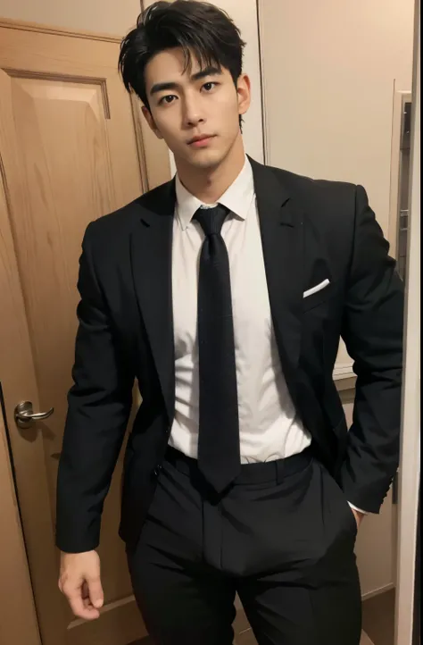 1 handsome Japanese guy，27years old，Corporate executives，Dress shirts and ties, Business attire, Professional Dress, Prepare for the meeting, Handsome and elegant, Wearing a black and gray suit, Sexy masculine, in blouse wearing, Masculine and handsome，mus...