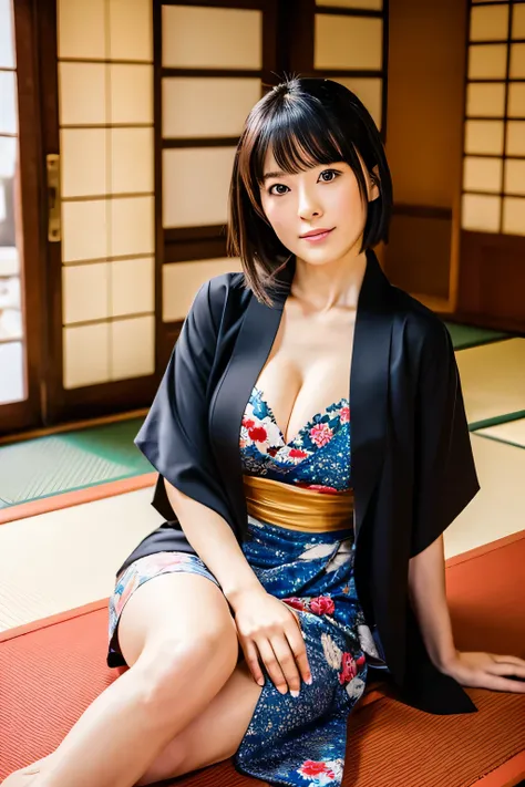 (top-quality,8K,​masterpiece),
staring directly at camera,40 year old woman,Raw feet,
Japanese woman in kimono,Shoulderを露出,Colossal tits,feet exposed,
Black kimono,
Colossal tits,Emphasizes cleavage,鎖骨,Shoulder,
Beautiful posture,up chest,Put your legs out...