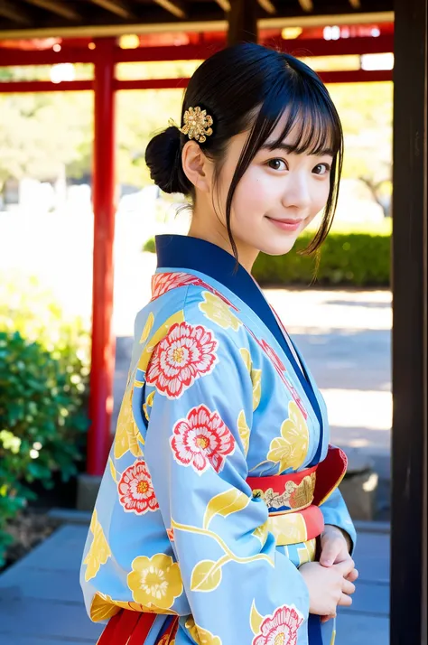 girl standing in crowded Japanese shrine under blue sky in winter,kadomatsu,red floral kimono,tabi,gold obi,hair accessories,18-year-old,bangs,a little smile,legs,short cut hair,low ponytail,from below,frontlighting