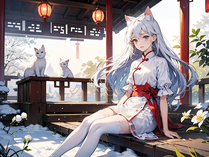 The world of  and snow, white flowers, white cat-eared girl, lively and cute white stockings〈White in red〉White gauze stars are shining brightly, sitting softly in Chinese retro style