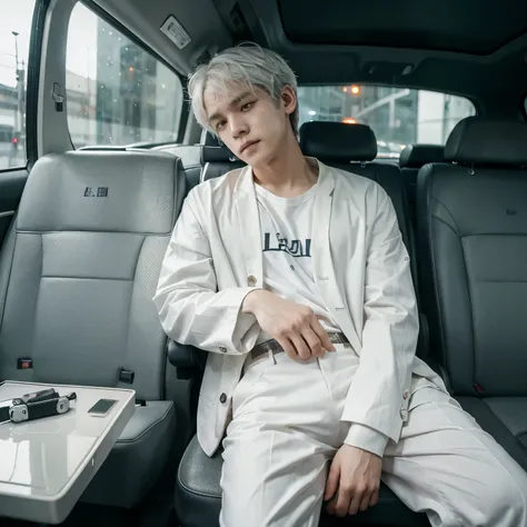 exo baekhyun with white hair in a car with loose white clothes rainy night scenery with hair on his face and detective briefcase next to him blank expression sitting with legs curled up like L from death note