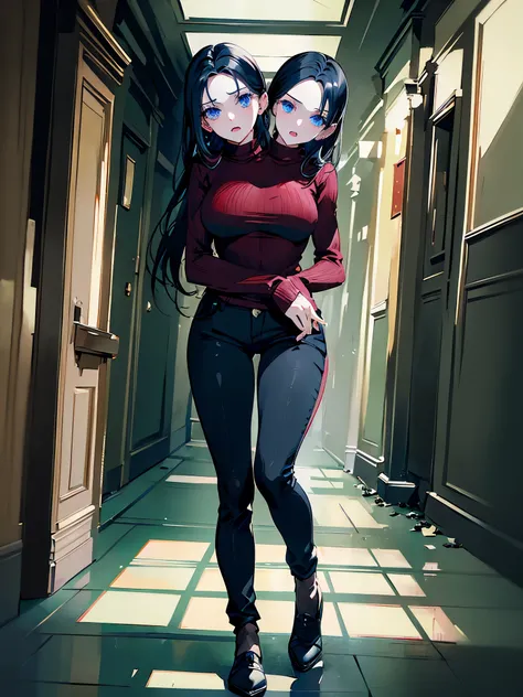 (masterpiece, best quality), best resolution, (2heads:1.5), 1girl, black hair, blue eyes, red turtleneck sweater, black pants, nervous, open mouth, looking around, walking through a dilapidated hallway, haunted house, ominous atmosphere, night, close-up