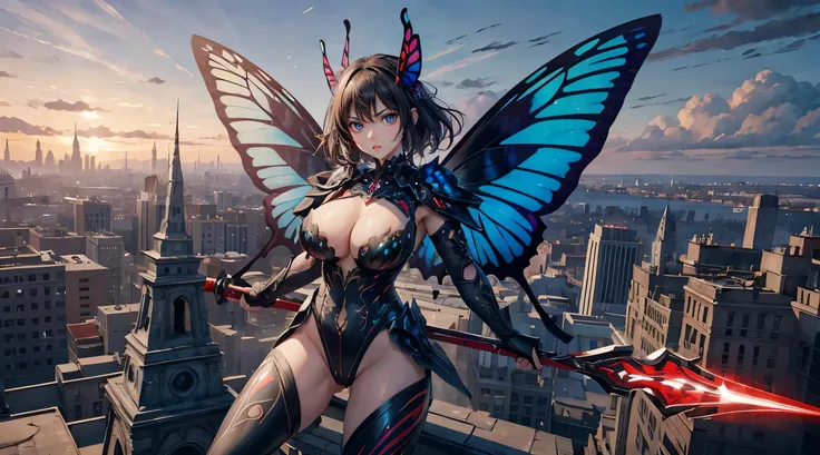 masterpiece, best quality, ultra-detailed, photorealistic, perfect slim fit body, thick thighs, huge breasts, a dark faerie, butterfly wings, butterfly themed armor with ancient runes and markings, holding up a lance, red and black, fierce, flying pose, fu...