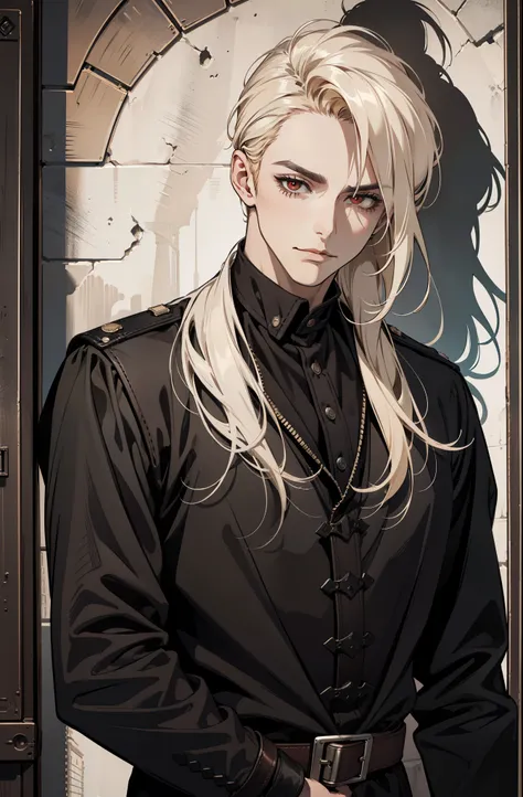 ((MLS)), (absurd res, high res, ultra detailed), 1 male, , handsome, tall muscular guy, broad shoulders, blonde long hair, red eyes, finely detailed eyes, looking at viewer, solo, MLS shot, no background, detailed face, smirk, renegade, rugged dark leather...