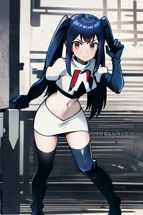 masterpiece, absurdres, Wendy_Marvell, 1girl, solo, long hair, looking at viewer, hair ornament, twintails, brown eyes, blue hair,team rocket,team rocket uniform,white skirt,red letter R,crop top,black thigh-highs,black elbow gloves,