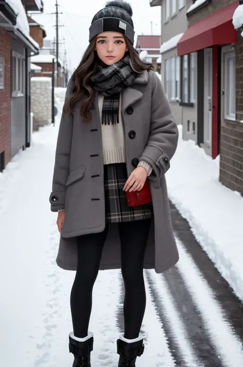 {there is a young girl walking down a street in the middle of winter. she is beautiful, and attractive. she is wearing a grey long fur coat, and a black jumper underneath her coat. she also is wearing a red checkered skirt, and is also wearing leggings und...