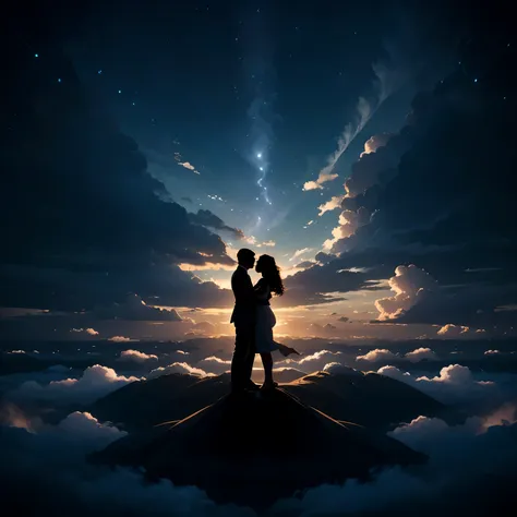 full body silhouette of a man and woman lift up in a flow of light, cloudscape,minimalistic, cuddling, unity, energy, love, crea...