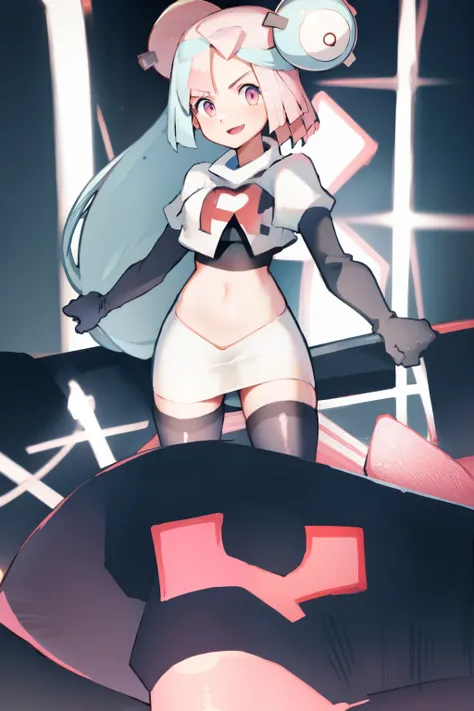 iono,1 girl,pink eyes,solo,smile,open mouth,fangs ,team rocket,team rocket uniform,white skirt,red letter R,crop top,black thigh-highs,black elbow gloves,