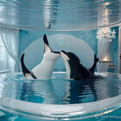 (ultra-detailed,realistic:1.37), 2 killer whales having a tea party in icy waters, portraits, elegant teacups and saucers, delicate tea set, floating icebergs, graceful movements, mesmerizing reflections, icy blue pink and white color palette, soft diffuse...