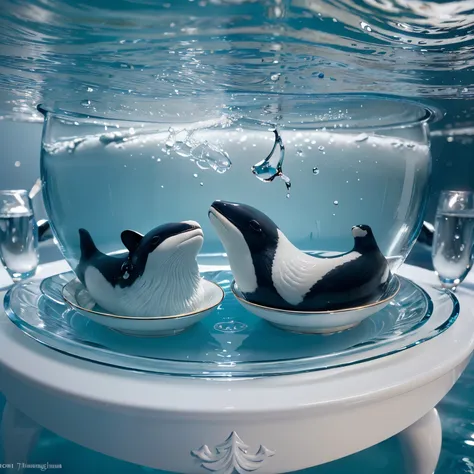 (ultra-detailed,realistic:1.37), 2 killer whales having a tea party in icy waters, portraits, elegant teacups and saucers, delicate tea set, floating icebergs, graceful movements, mesmerizing reflections, icy blue pink and white color palette, soft diffuse...