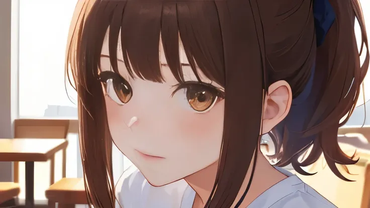 (best quality,highres:1.2), solo, 1 girl, blushing, looking at the viewers, brown hair, ponytail, white T-shirt, (brown hair, short hair, bangs), in a cafe, detailed skin, sitting on a chair, close-up shot of the face